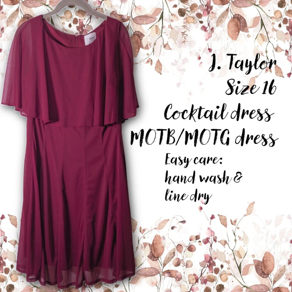 J. Taylor Sz 16 Burgundy Chiffon Capelet Cocktail Dress MOTB/MOTG Wedding Guest